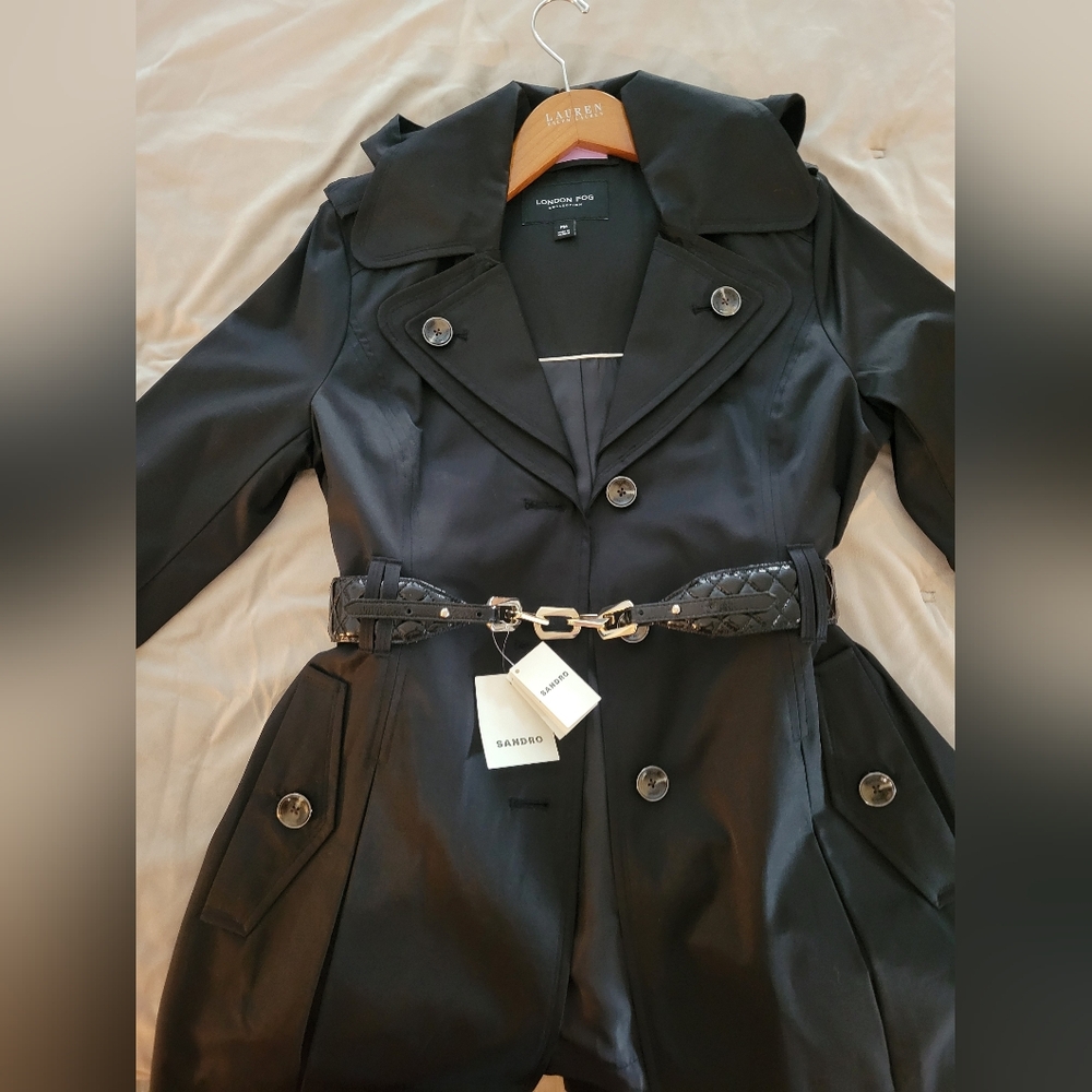 Sandro Paris T3 French Black Patent Leather Quilted Belt with Gold Chain NWT L